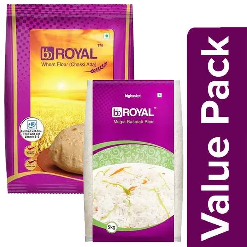 bb Royal Basmati Rice - Mogra, Broken/Tukda 5 Kg + Wheat Flour (Chakki Atta) 5 Kg, Combo 2 Pcs